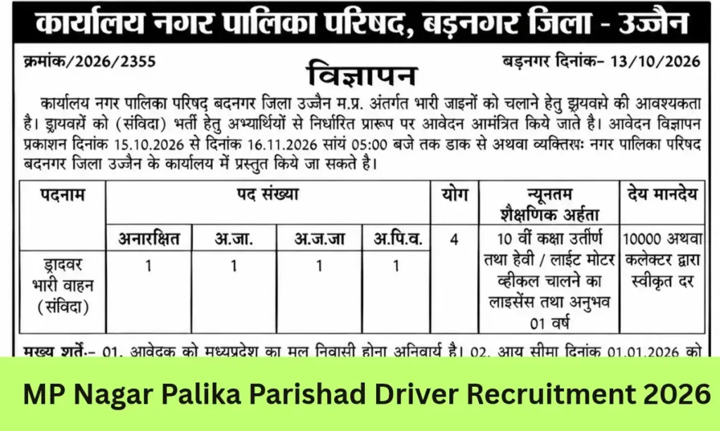 MP Nagar Palika Parishad Driver Recruitment 2026