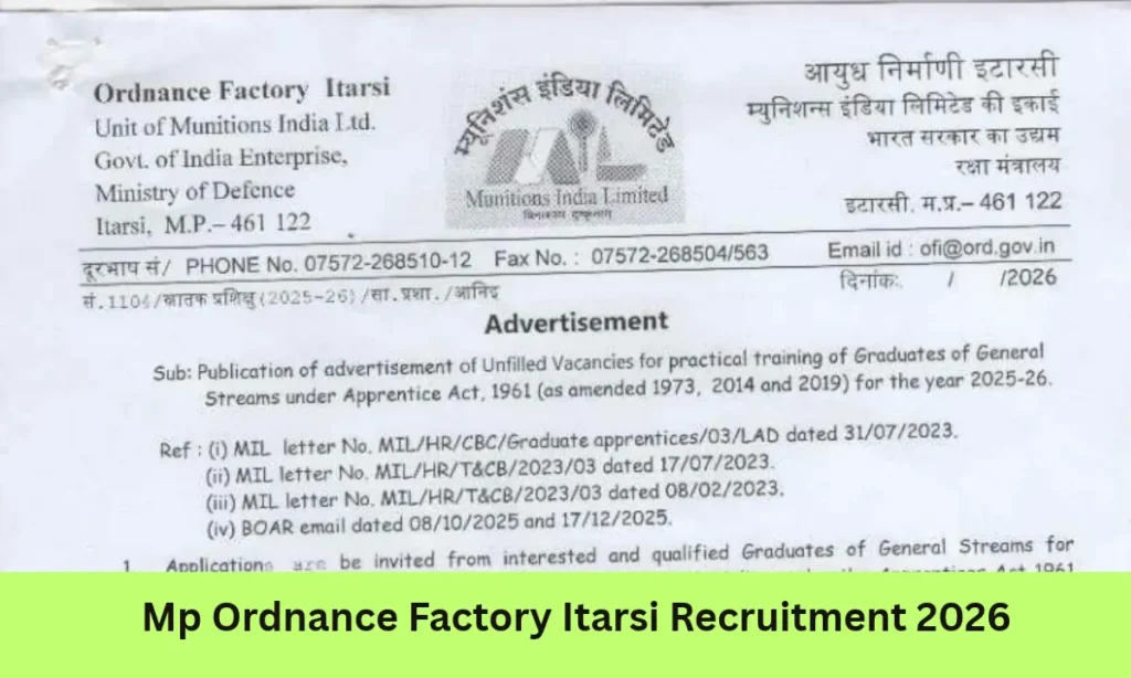 Mp Ordnance Factory Itarsi Recruitment 2026